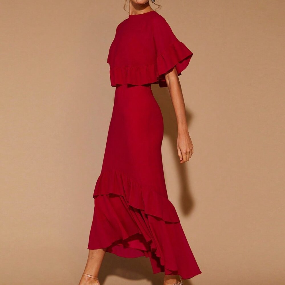 Fiery Red Elegant Women's Ruffle Trim Round Neck Long